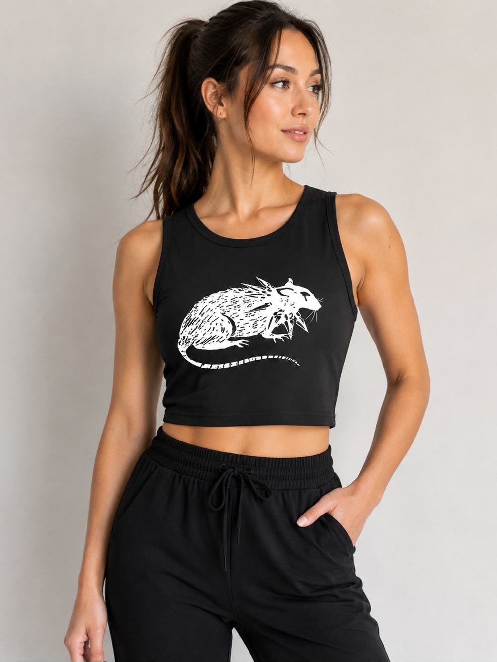 Black Crop Tank with White Graphic Rat Print